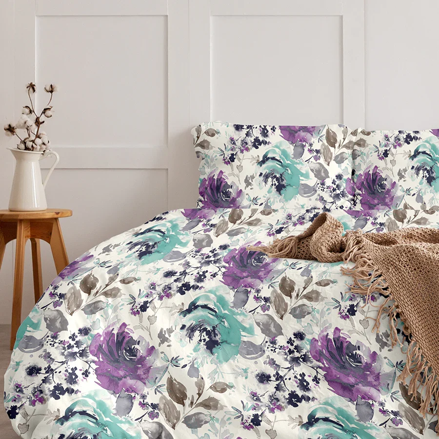 Fitted Bedding Set - 300TC Peonies - Wisteria Purple Complete Set - Image 2