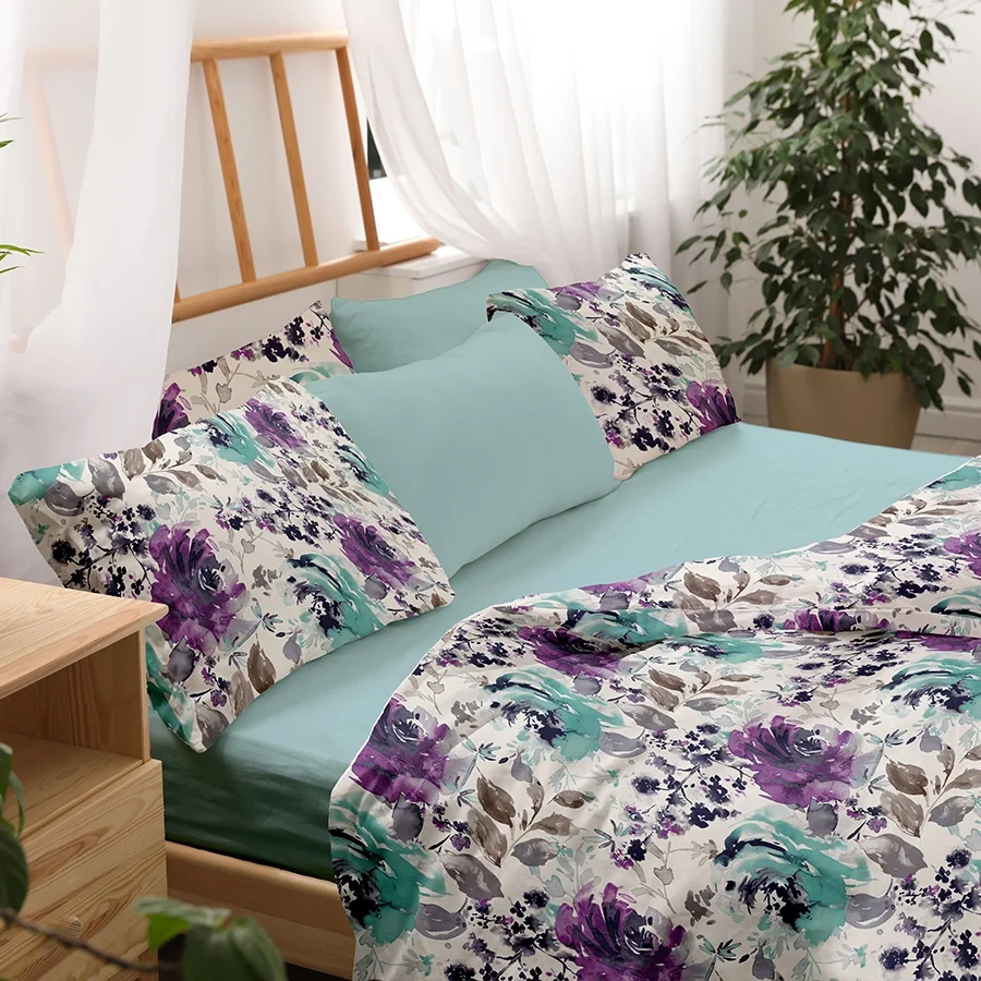 Fitted Bedding Set - 300TC Peonies - Wisteria Purple Complete Set - Image 4